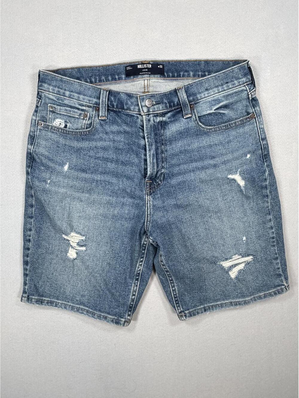 Hollister Epic Flex Loose Fit Denim Shorts Mens Size 33 Medium Wash Distressed